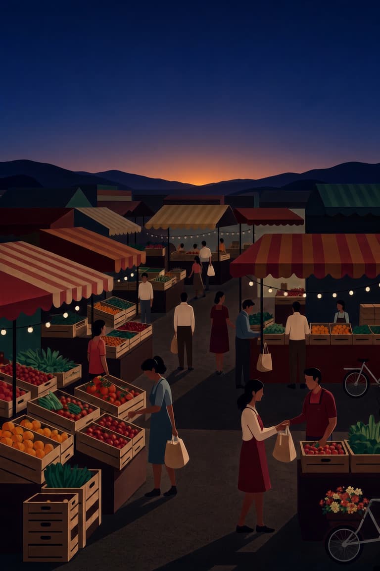 A community market at dusk, warm string lights over the stalls