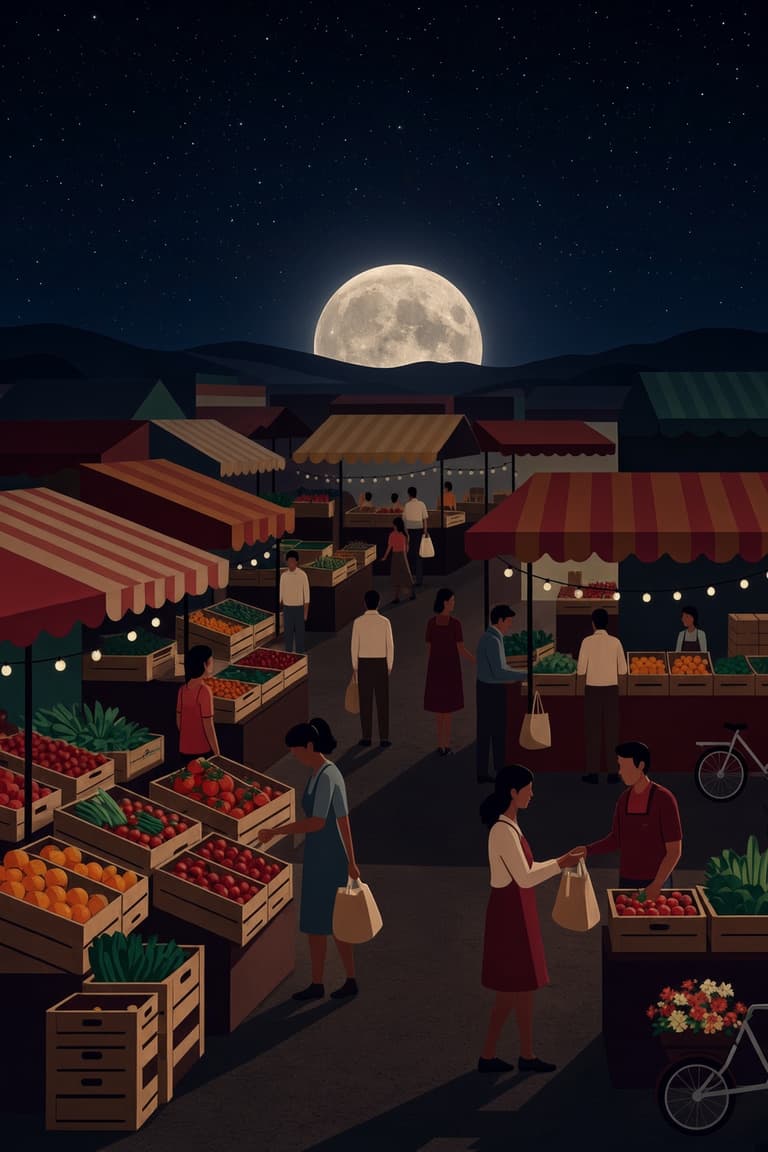 A community market at night under a full moon