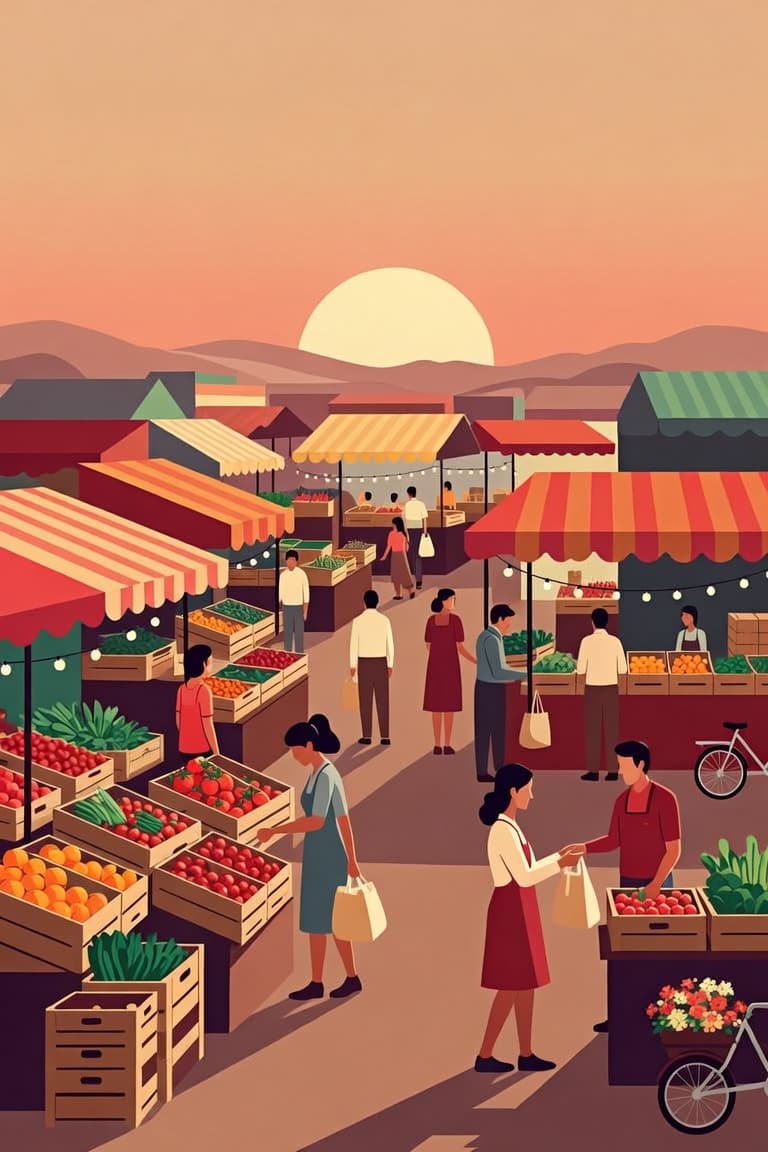 A community market at sunset, vendors selling produce under string lights
